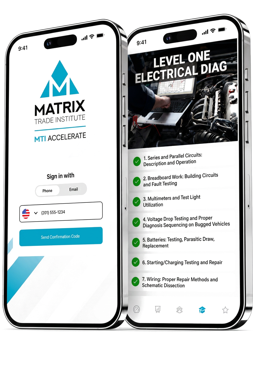 MatrixLink mobile app showing sign-in and Level One Electrical Diagnosis coursework