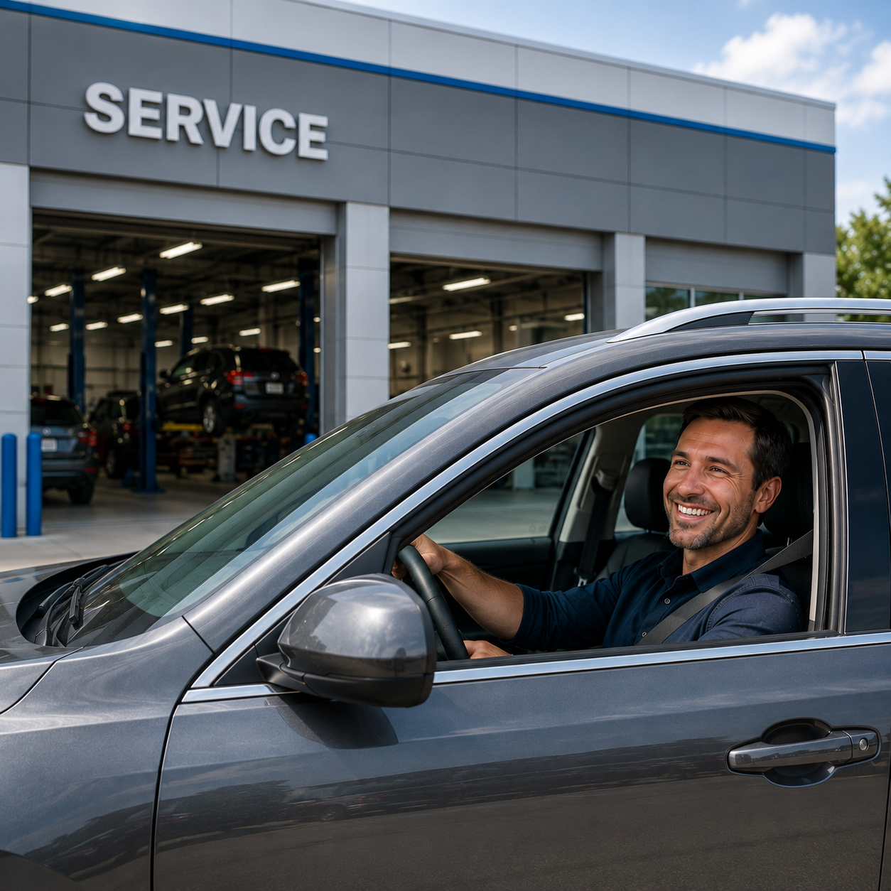 Happy customer driving away from the service center in his freshly repaired car