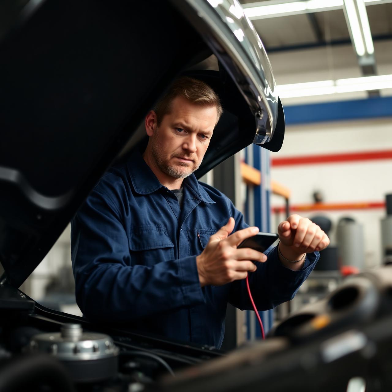 Confident technician performing hands-on diagnostic work under the hood