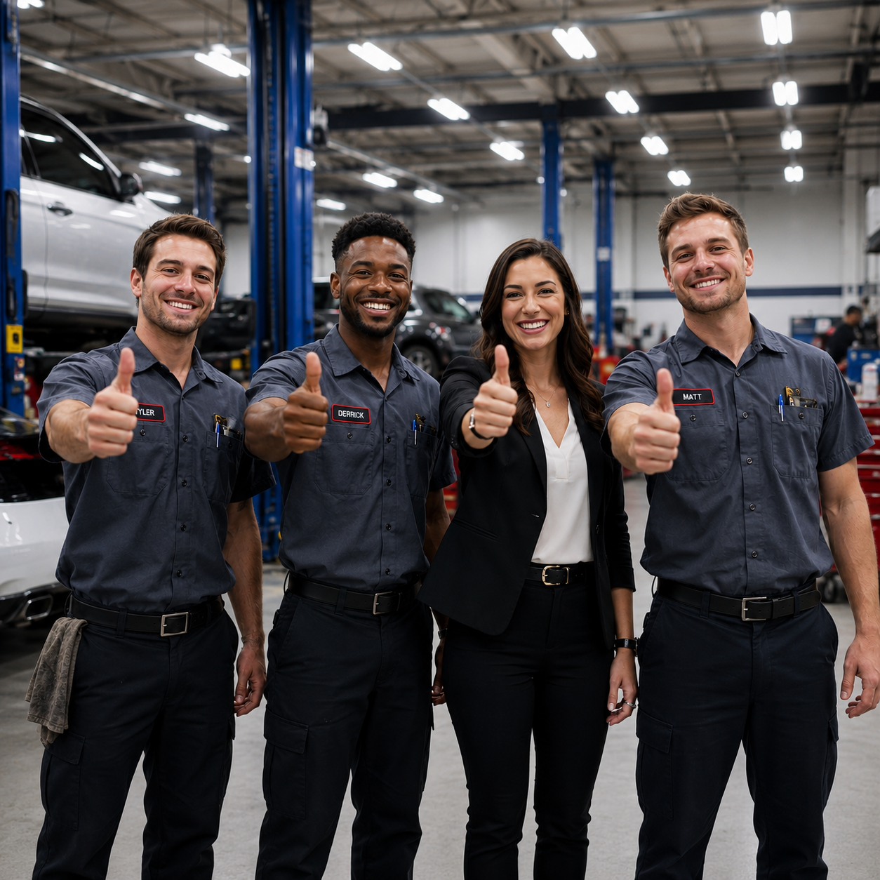 Team of automotive service professionals giving thumbs up in a modern shop