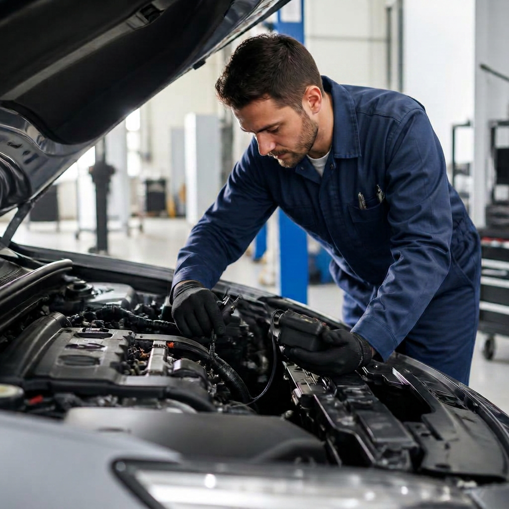 Automotive technician working on a car engine in a modern shop